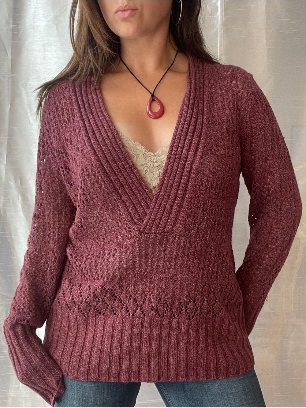 Axcess Liz Claiborne Deep V Knit Sweater Large Burgundy Whimsigoth Y2K